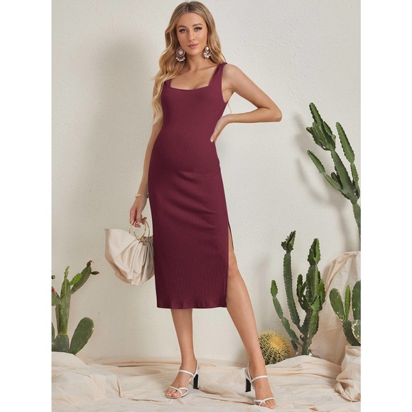 Maternity Split Thigh Rib knit Dress pink - Picture 7 of 10